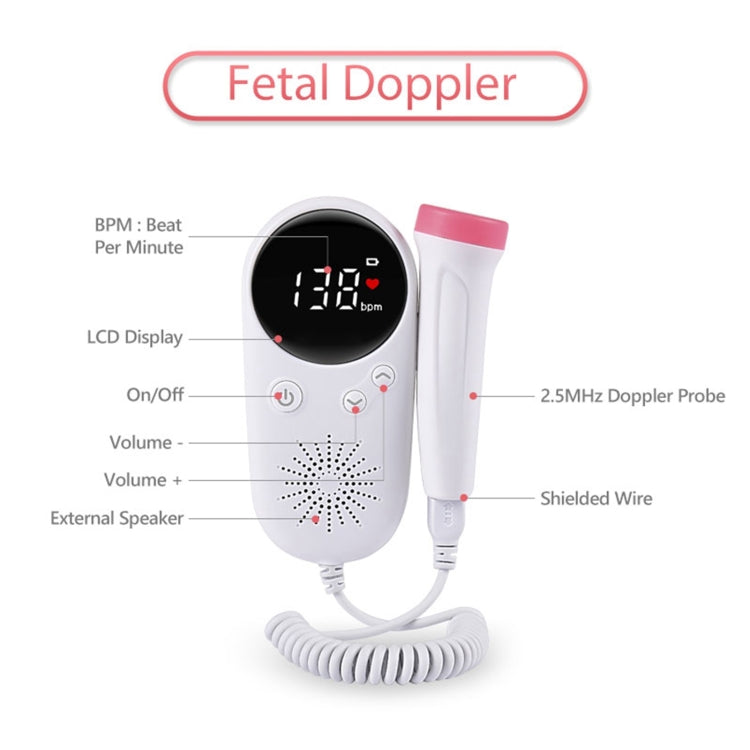 W8-25 Doppler della frequenza cardiaca fetale Monitor del battito cardiaco domestico alimentato a batteria