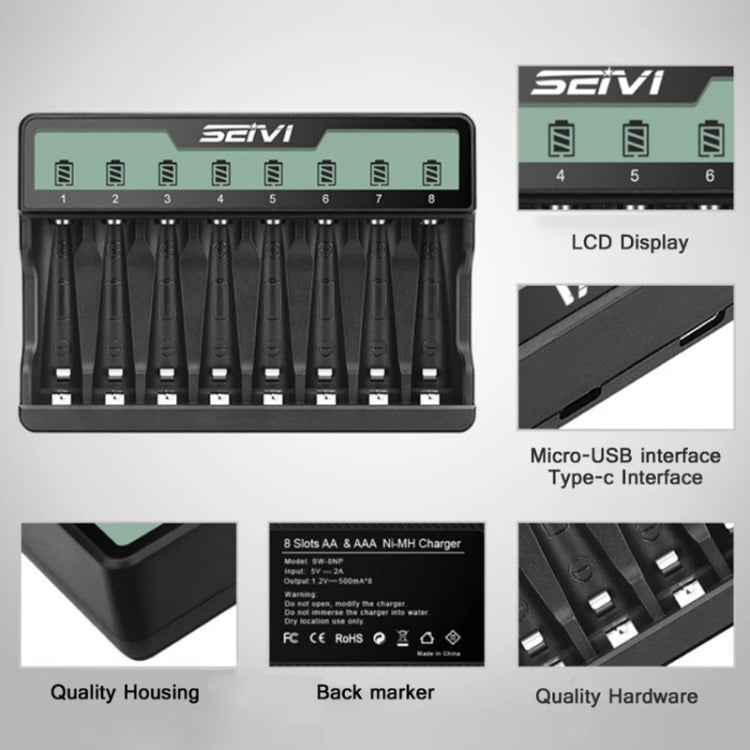 Caricabatteria USB per batteria NiMH con carica a otto slot su schermo SEIVI