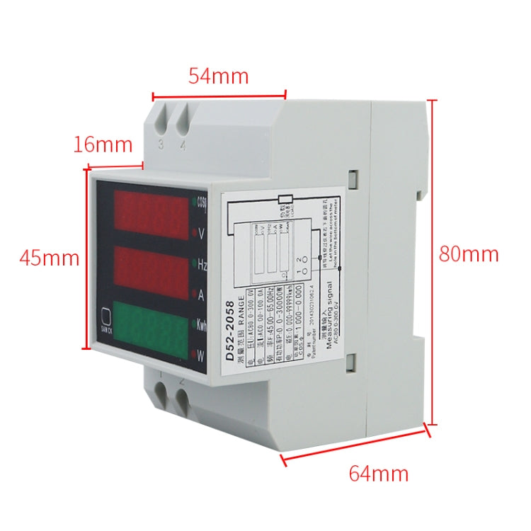 D52-2058 Wattmetro Din rail Volt Current Meter, AC80-300V Built-in CT, AC200-450V Built-in CT