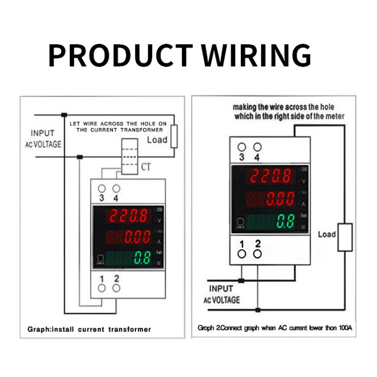 D52-2058 Wattmetro Din rail Volt Current Meter, AC80-300V Built-in CT, AC200-450V Built-in CT