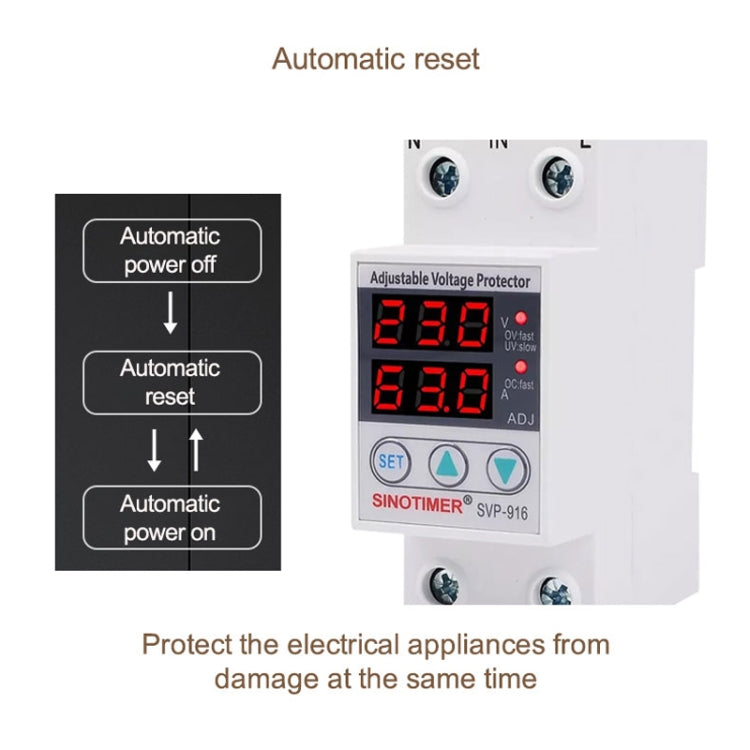SINOTIMER SVP-916 Protezione da sovratensione e sottotensione regolabile con ripristino automatico, corrente:, 40A, 63A, 80A