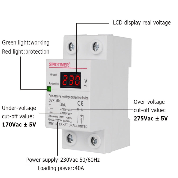 SINOTIMER 220V LED Digital Display Ritardo Ripristino automatico Protezione da sottotensione, SVP-60L