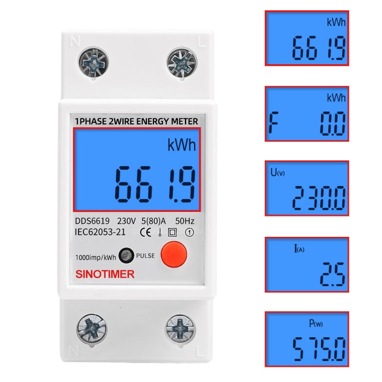 SINOTIMER DDS6619-012 Display retroilluminato Contatore di energia su rotaia monofase per uso domestico 5-80A, DDS6619-012
