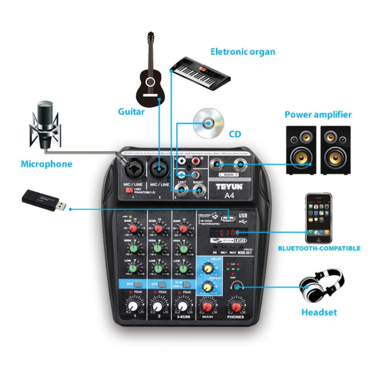 Mixer digitale per microfono piccolo a 4 vie TEYUN A4 Effetto di registrazione dal vivo