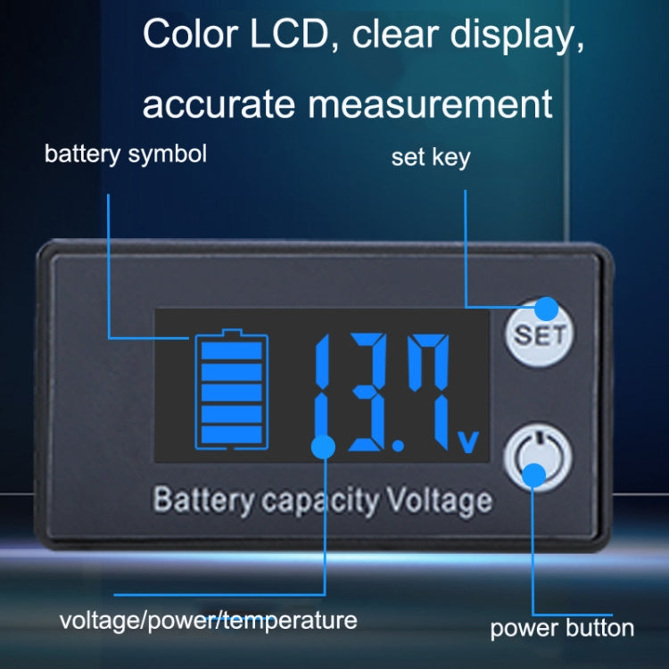 Voltmetro CC con display digitale a due righe Misuratore di carica della batteria al litio al piombo, colore:, Red, Green, Blue, White, Red+Temperature, Green+Temperature, Blue+Temperature, White+Temperature