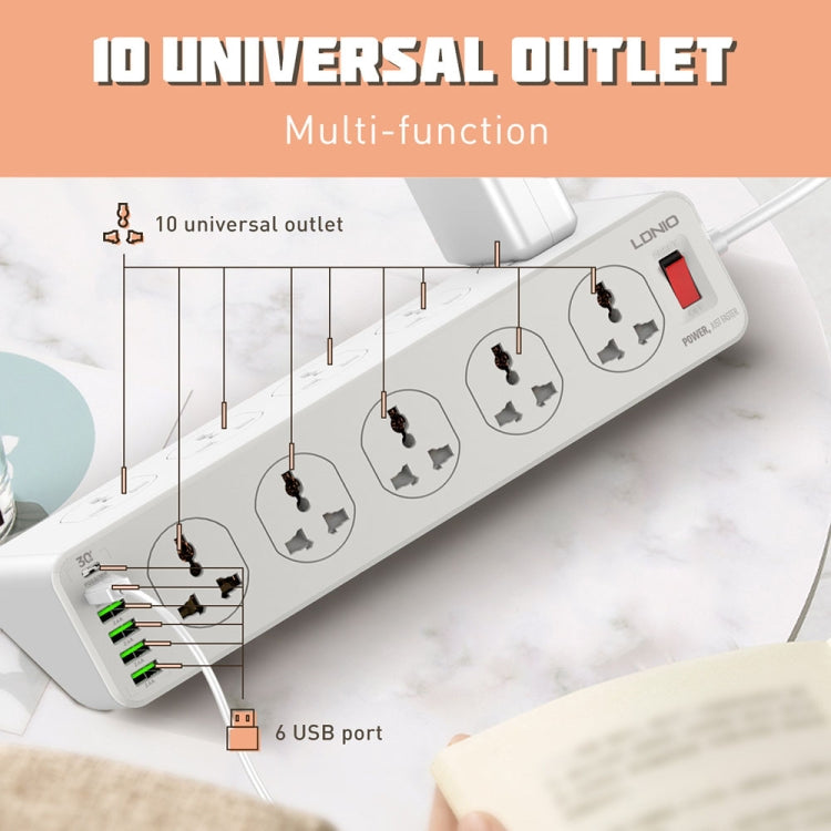LDNIO SC10610 30W 10+6 porte Presa di ricarica rapida multifunzionale da viaggio per casa e ufficio, specifiche:, UK Plug, EU Plug, US Plug