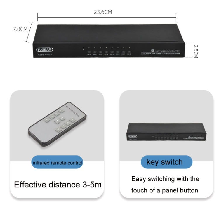 FJGEAR FJ-810UK 8 In 1 Out Computer Host Switcher da VGA a KVM con switch da tavolo, spina europea, FJ-810UK