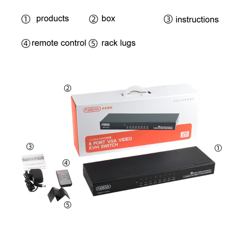 FJGEAR FJ-810UK 8 In 1 Out Computer Host Switcher da VGA a KVM con switch da tavolo, spina europea, FJ-810UK