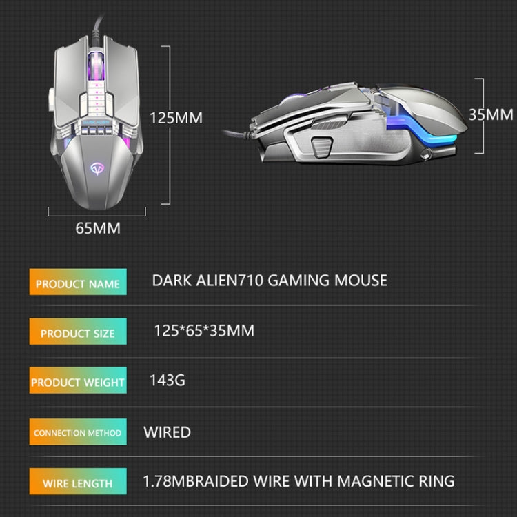 Dark Alien V710 Mouse luminoso cablato da ufficio in metallo con 7 tasti, lunghezza cavo: 1,78 m