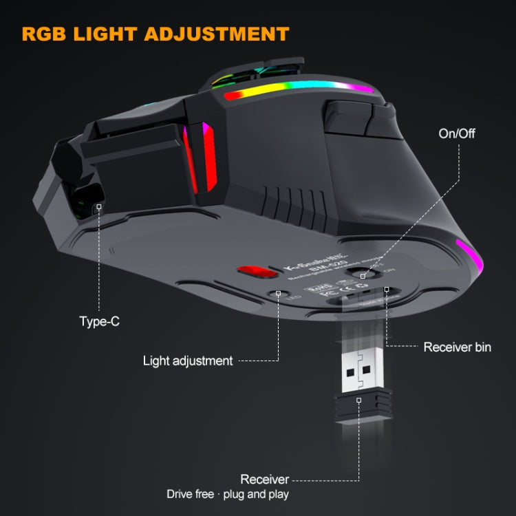 K-Snake BM520 Mouse da gioco wireless dual-mode a 9 pulsanti 3200 DPI 2.4G RGB