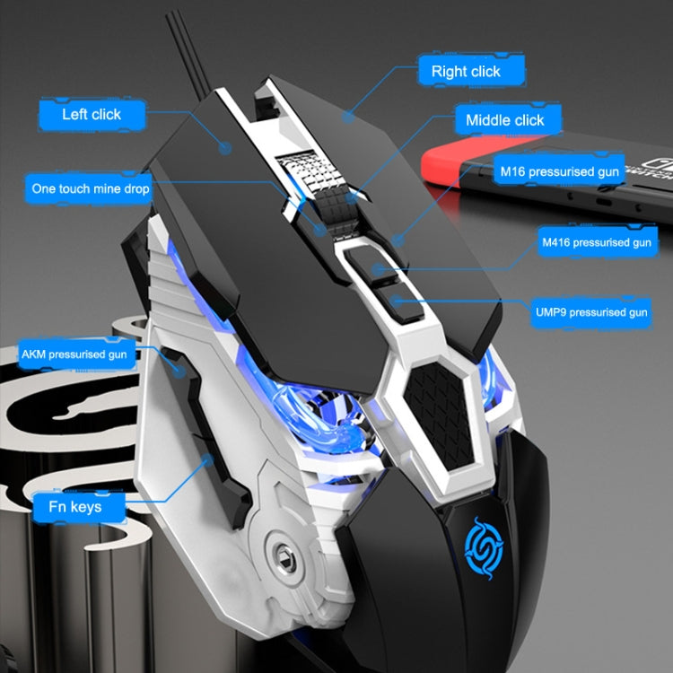 K-Snake Q18 9 tasti 6400 DPI Mouse da gioco cablato con macchina luminosa, lunghezza cavo: 1,5 m, Q18 Black, Q18 White