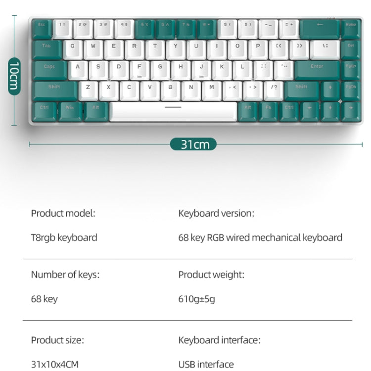 ZIYOU LANG T8 Tastiera meccanica da gioco RGB a 68 tasti, lunghezza cavo: 1,5 m, stile:, T8 Micro Light Version Green Shaft, T8 Micro Light Version Tea Shaft, T8 Water Green Version Green Shaft, T8 Water Green Version Red Shaft, T8 Bee Version Green Sh...