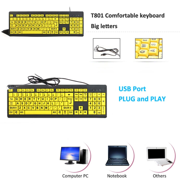 T801 104 tasti Special People Children Old Man Grandi lettere Tastiera cablata USB, lunghezza cavo: 1,38 m, T801 Yellow