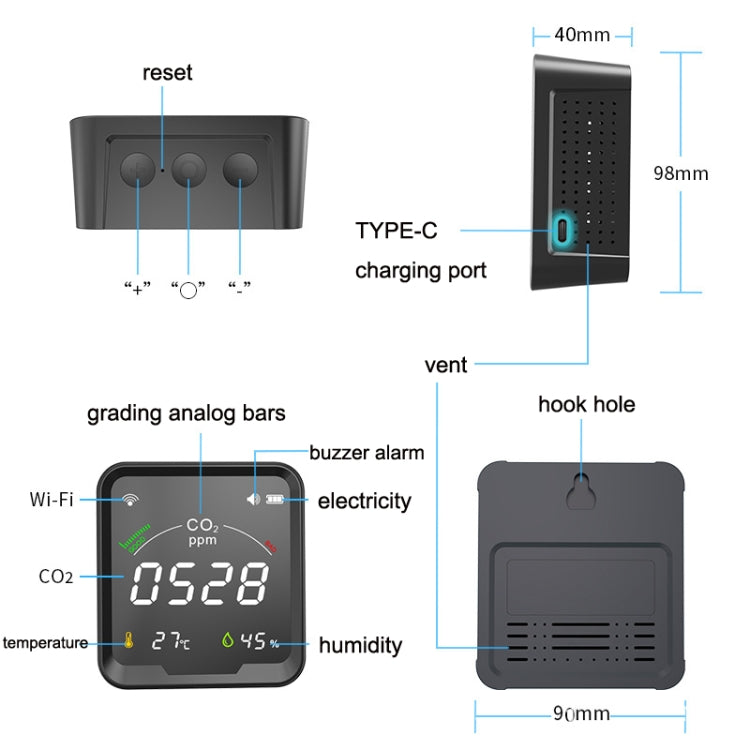 PTH-9CW Wifi Rilevatore di CO2 a infrarossi intelligente Rilevatore di qualità dell'aria Misuratore di temperatura e umidità domestica, PTH-9CW