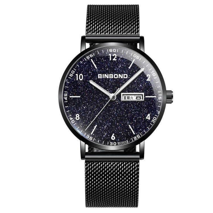 BINBOND B3820 Orologio stellato luminoso al quarzo ultrasottile impermeabile 30M, Black Net-Black-Starry, White Net-White-Starry, Black Leather-Black-Starry, Black Leather-White-Starry, Black Net-Rose Gold-Starry, Black Leather-Rose Gold-Starry