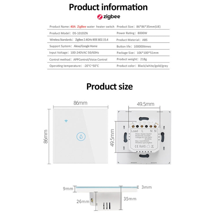 Tuya ZigBee 40A Smart High Power Scaldabagno Luce Condizionatore d'aria Switch Time Telecomando vocale, ZigBee 40A White, ZigBee 40A Black