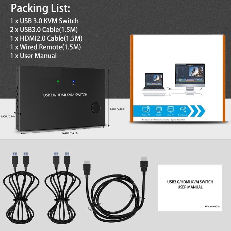 KC-KVM201A 2 In 1 Out 4K 60HZ HDMI KVM Switching USB3.0 Stampante a forma di computer condiviso U Disco, KC-KVM201A