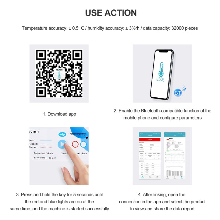 Bluetooth APP Connect Medical Warehouse Cold Chain Transport USB Data Recorder, Temperature, Temperature Humidity