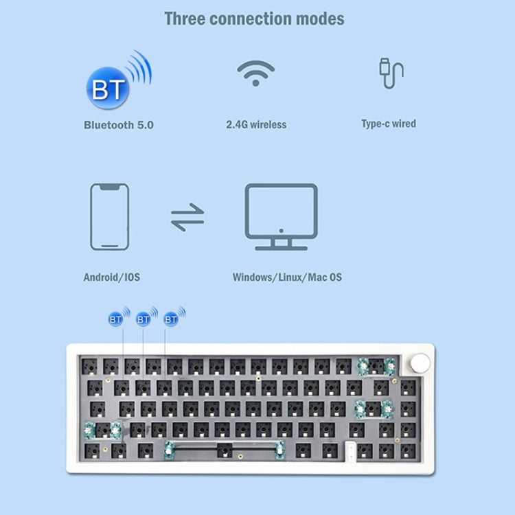67 tasti fai-da-te personalizzati a tre modalità con kit tastiera meccanica a manopola Supporta la retroilluminazione RGB hot plug, White, Black, Claret, Purple, Green, Blue