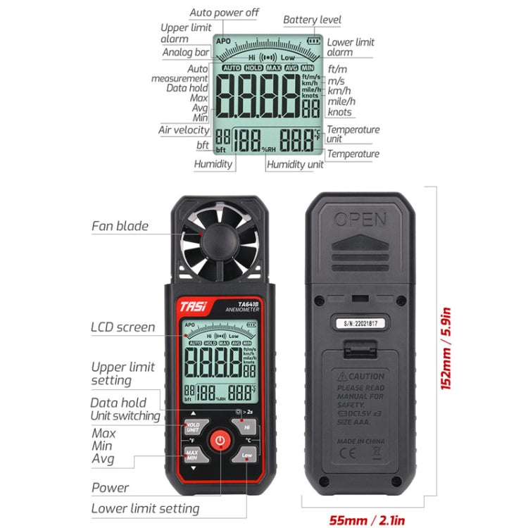 Misuratore di velocità del vento portatile del tester del volume del vento dello strumento di velocità del vento ad alta precisione, TASI TA641A, TASI TA641B