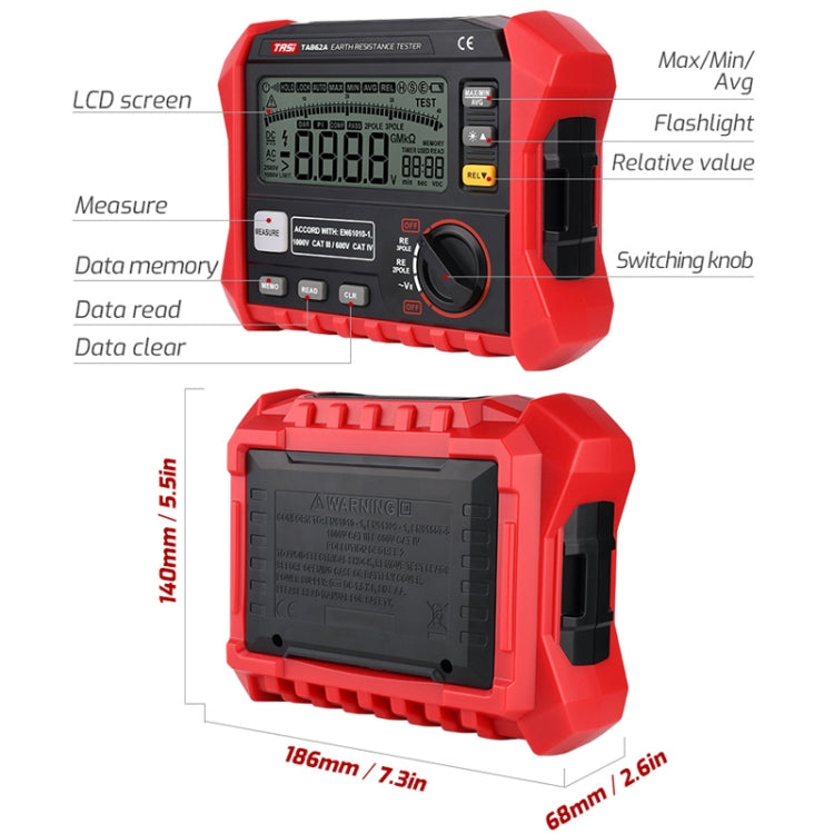 TASI TA862A Tester per resistenza di terra Misurazione della tensione di messa a terra Misuratore di resistenza digitale ad alta precisione, TA862A