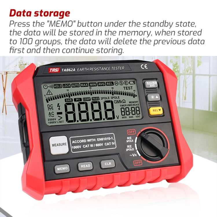 TASI TA862A Tester per resistenza di terra Misurazione della tensione di messa a terra Misuratore di resistenza digitale ad alta precisione, TA862A