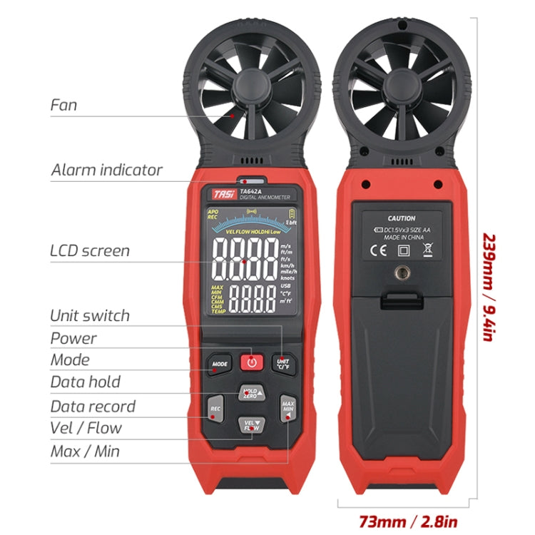 Tester del volume d'aria del misuratore di velocità del vento digitale portatile, TASI TA642A, TASI TA642B, TASI TA642C