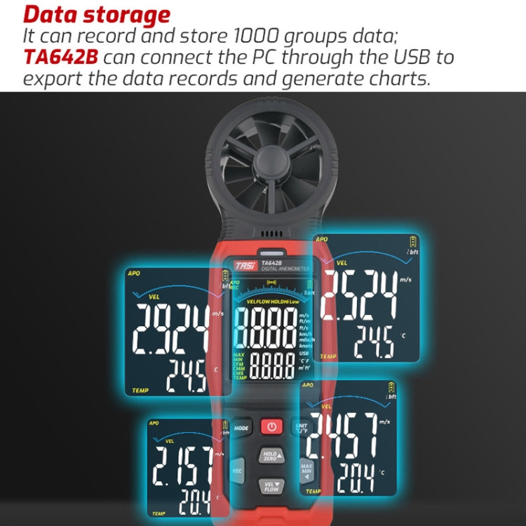 Tester del volume d'aria del misuratore di velocità del vento digitale portatile, TASI TA642A, TASI TA642B, TASI TA642C