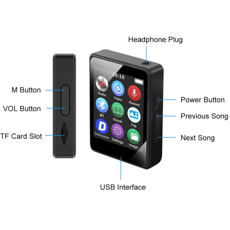 Lettore musicale MP3 Bluetooth 5.0 Registratore ebook MP4 Walkman, Without Memory Card, 8GB, 16GB, 32GB, 64GB, 128GB