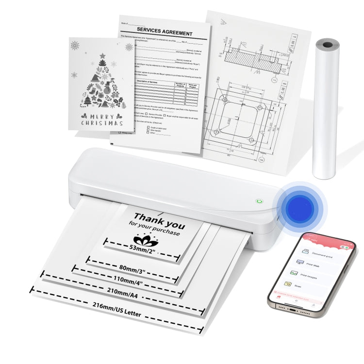 Phomemo M833 Stampante termica Bluetooth wireless da 300 dpi Supporta carta termica multiformato, Black, White