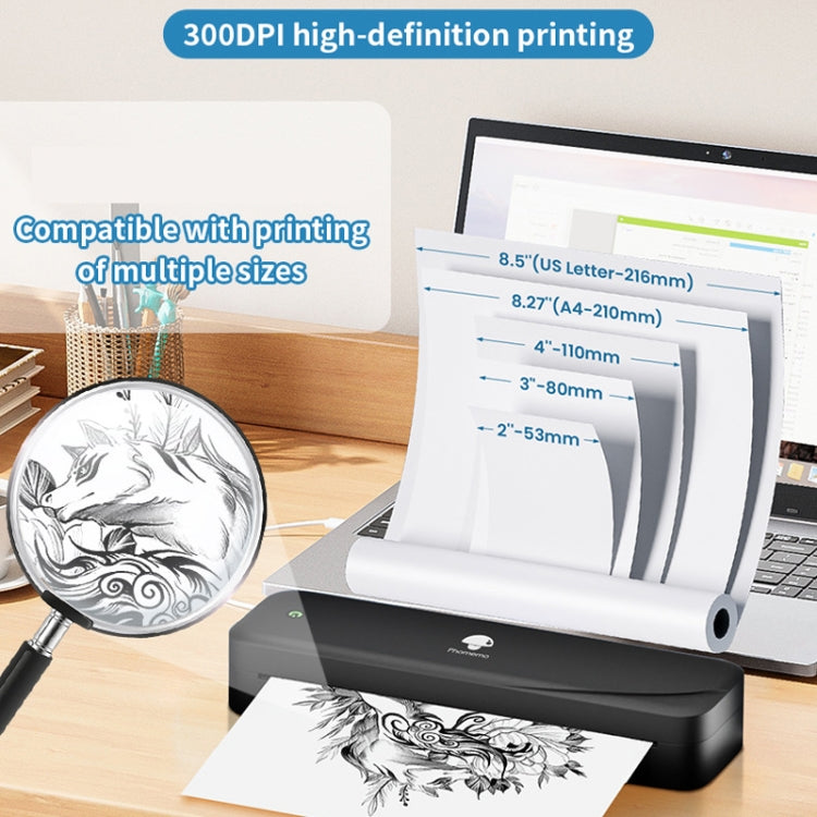 Phomemo M833 Stampante termica Bluetooth wireless da 300 dpi Supporta carta termica multiformato, Black, White