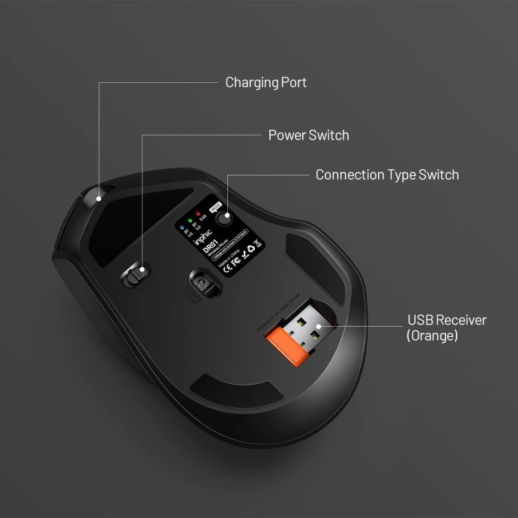 Inphic DR01 Bluetooth 3 modalità mouse wireless ricarica silenziosa gioco da ufficio computer portatile uso domestico, DR01 (Black)
