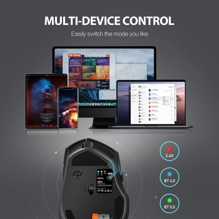 Inphic DR01 Bluetooth 3 modalità mouse wireless ricarica silenziosa gioco da ufficio computer portatile uso domestico, DR01 (Black)