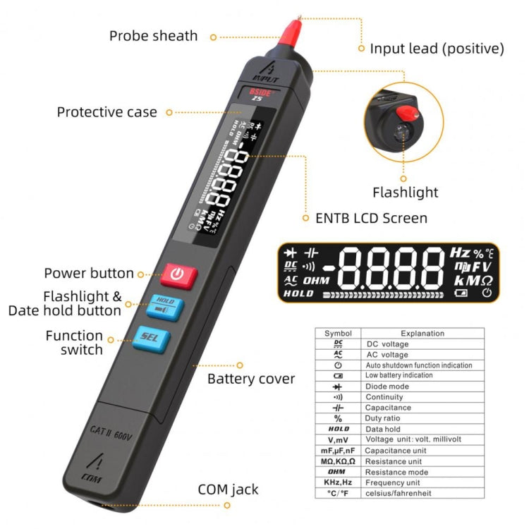 BSIDE Z5 Multimetro Smart Pen Retroilluminazione LCD 6000 conteggi Rilevatore automatico di tensione, Z5