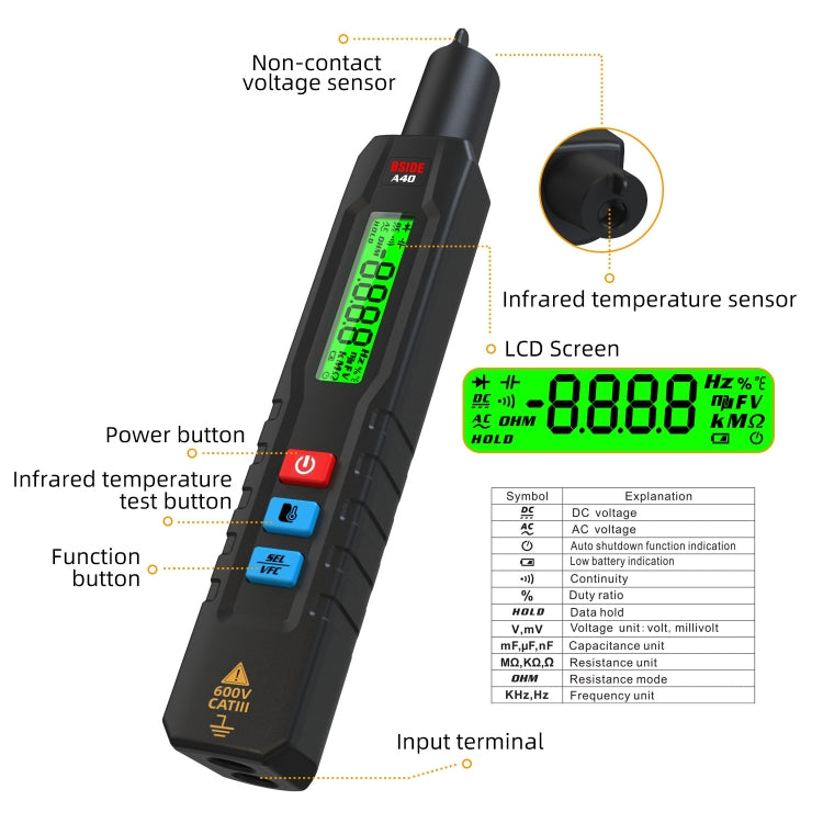 BSIDE A40 Termometro a infrarossi Tipo di penna elettrica Multimetro intelligente Tester di tensione inverter VFC, A40