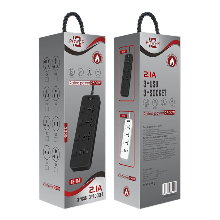 T14 2m 2500W 3 Spine + 3 Porte USB Presa Multifunzione Con Interruttore, UK Plug (Black), UK Plug (White), US Plug (Black), US Plug (White), EU Plug (Black), EU Plug (White)