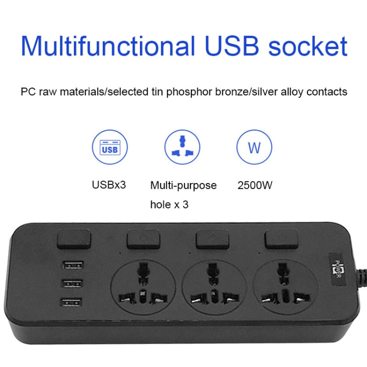 T14 2m 2500W 3 Spine + 3 Porte USB Presa Multifunzione Con Interruttore, UK Plug (Black), UK Plug (White), US Plug (Black), US Plug (White), EU Plug (Black), EU Plug (White)