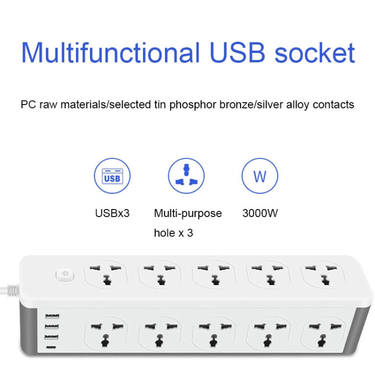 D15 2m 3000W 10 spine + PD + 3 porte USB Presa verticale con interruttore, UK Plug, EU Plug, Two-pin US Plug, Three-pin US Plug