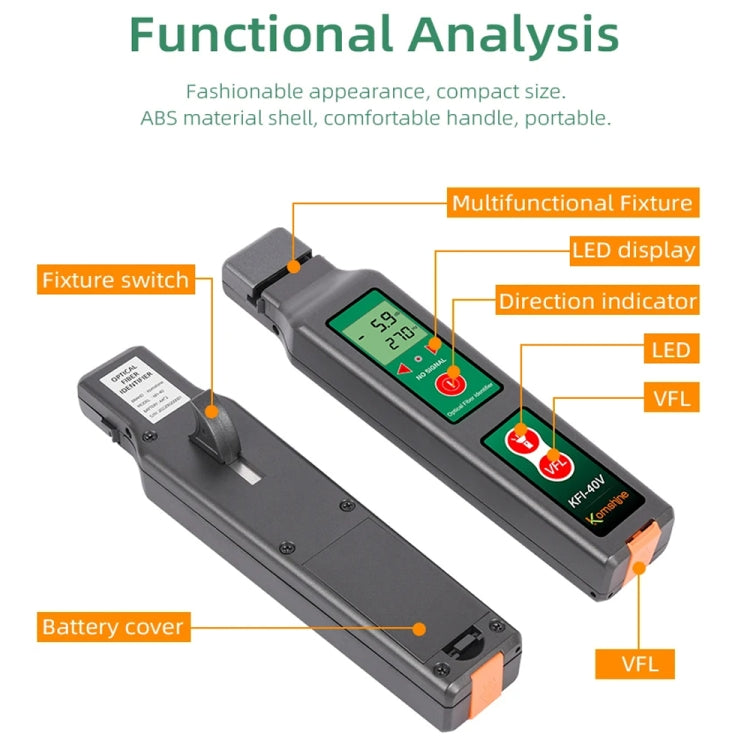 Identificatore in fibra ottica Komshine Identificatore di direzione del segnale del cavo ottico con luce rossa VFL 10 mW, KFI-40V