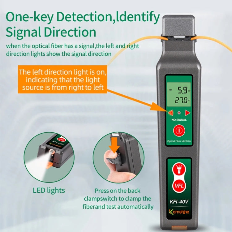 Identificatore in fibra ottica Komshine Identificatore di direzione del segnale del cavo ottico con luce rossa VFL 10 mW, KFI-40V