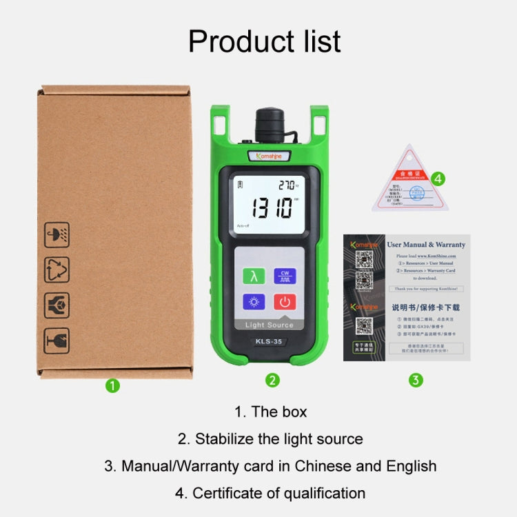 Tester portatile per fibra con sorgente di luce laser Komshine con retroilluminazione a LED, KLS-35-S, KLS-35-M, KLS-35-MS, KLS-35-PON
