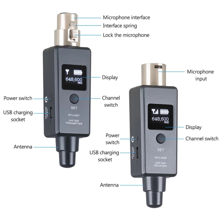 Sistema wireless per microfono MTU-002 Trasmettitore e ricevitore UHF DSP Mic/Line Due modalità