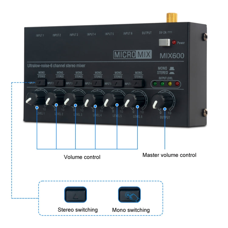 Mixer audio stereo ultracompatto a basso rumore a 6 canali, presa americana, MIX600