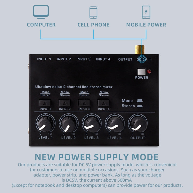 Mixer audio stereo a basso rumore ultracompatto a 4 canali per la registrazione di trasmissioni dal vivo, presa americana, MAX400