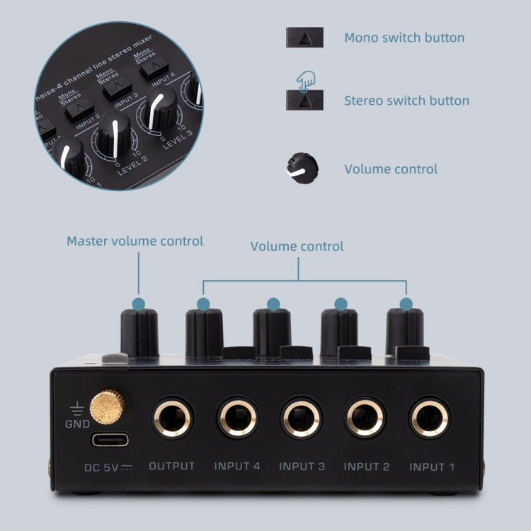 Mixer audio stereo a basso rumore ultracompatto a 4 canali per la registrazione di trasmissioni dal vivo, presa americana, MAX400