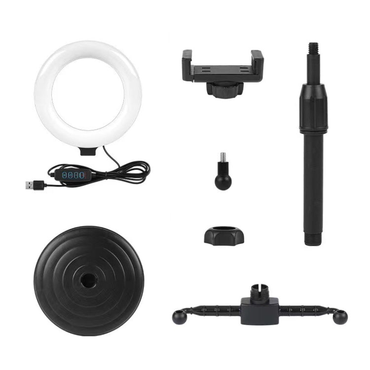 Supporto per streaming live per telefono cellulare da tavolo con piastra rotonda Supporto portatile per selfie con luce di riempimento da 6 pollici, Double-machine Position
