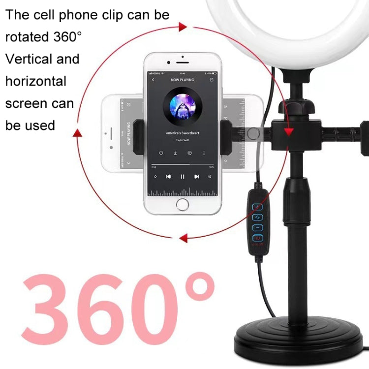 Supporto per streaming live per telefono cellulare da tavolo con piastra rotonda Supporto portatile per selfie con luce di riempimento da 6 pollici, Double-machine Position