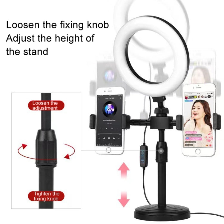 Supporto per streaming live per telefono cellulare da tavolo con piastra rotonda Supporto portatile per selfie con luce di riempimento da 6 pollici, Double-machine Position