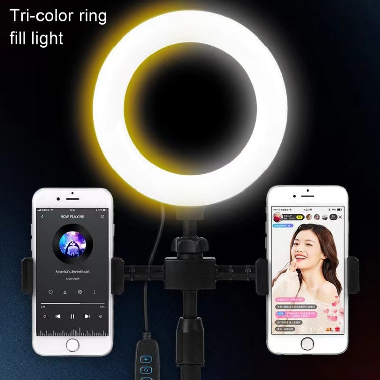 Supporto per streaming live per telefono cellulare da tavolo con piastra rotonda Supporto portatile per selfie con luce di riempimento da 6 pollici, Double-machine Position
