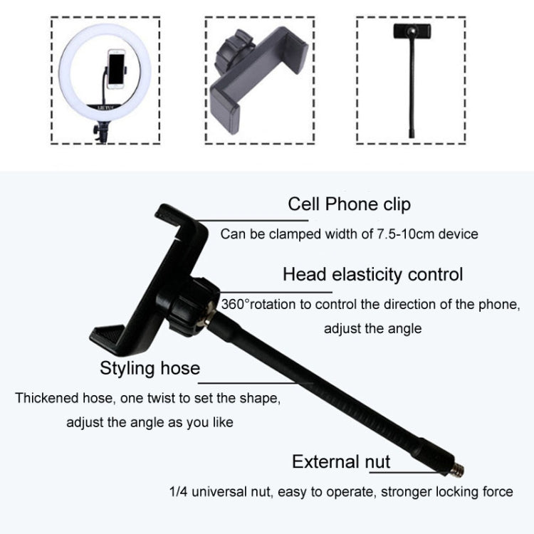 Live Beauty Ring Light Clip per telefono Teste rotanti a 360° Supporto per fascetta stringitubo, 360 Rotating Heads Hose Clamp Stand